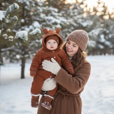 Combinaison bebe hiver marron neige – capuche avec oreilles décoratives
