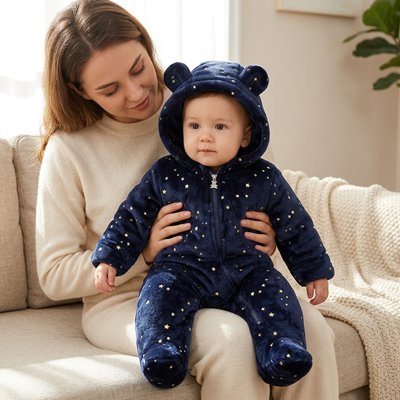 Combinaison bebe en velours bleu avec capuche oreilles d'ourson pour bébé et motif étoiles
