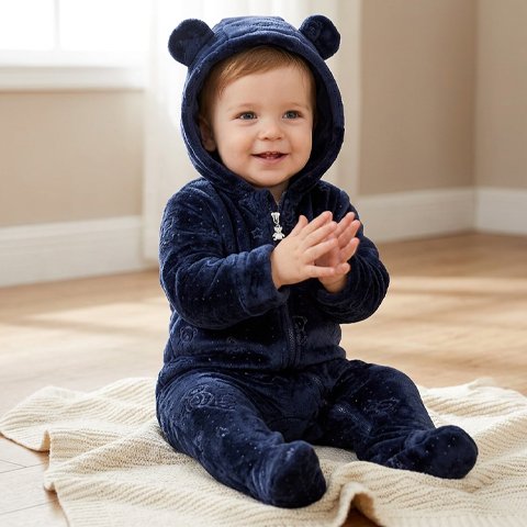 Combinaison bebe en velours bleu avec capuche oreilles d'ourson pour bébé