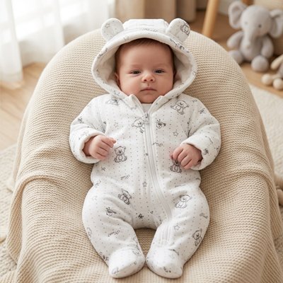 Combinaison pour bebe hiver avec pieds intégrés et capuche protectrice