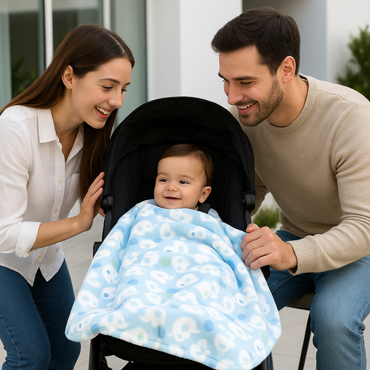 Couverture bébé bleue chaude idéale pour les balades hivernales en poussette, douceur et confort garantis.