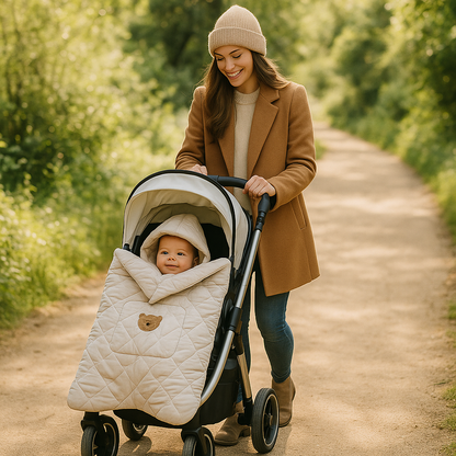 Maman portant son bébé dans une couverture de portage beige pendant une promenade