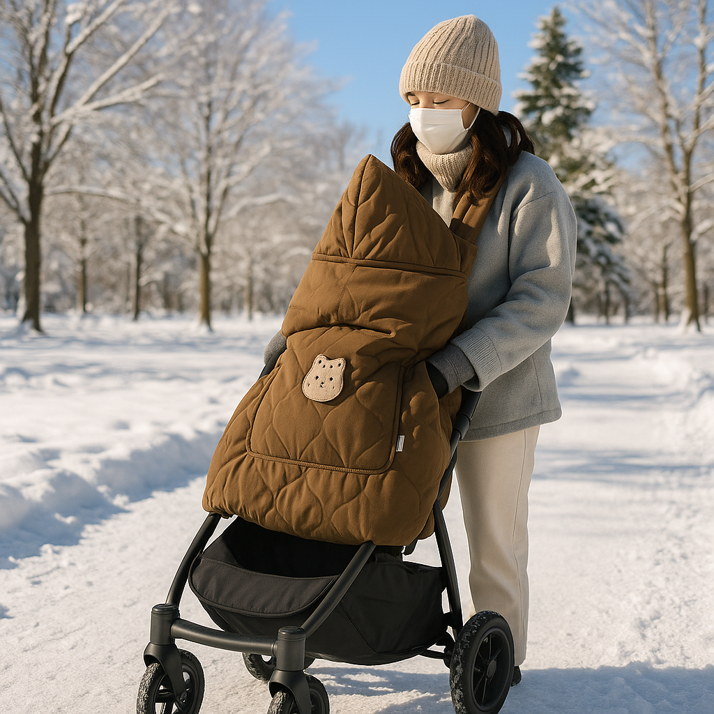 Maman portant son bébé dans une couverture de portage nomade marron chaude avec capuche pendant une promenade dans la neige