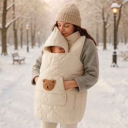 Maman portant son bébé dans une couverture de portage nomade beige chaude avec capuche pendant une promenade dans la neige