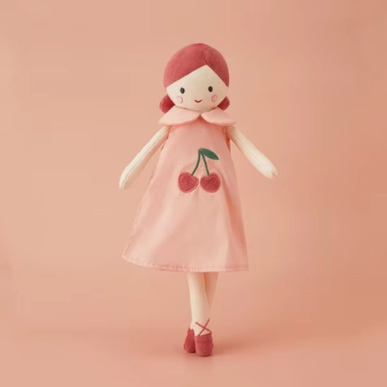 Doudou bébé fille en robe rose avec motif cerises, peluche douce et complice pour câlins