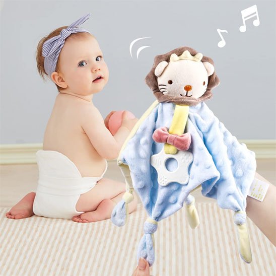 Doudou bebe lion bleu sensoriel doux et très agréable compagnon rassurant pour bébé