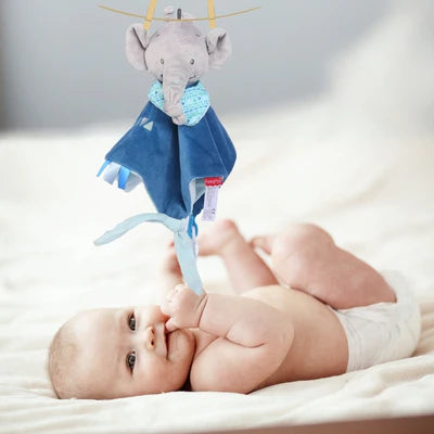 Doudou elephant bleu pour bébé, doux et rassurant, stimule l'éveil et apporte joie et bonheur