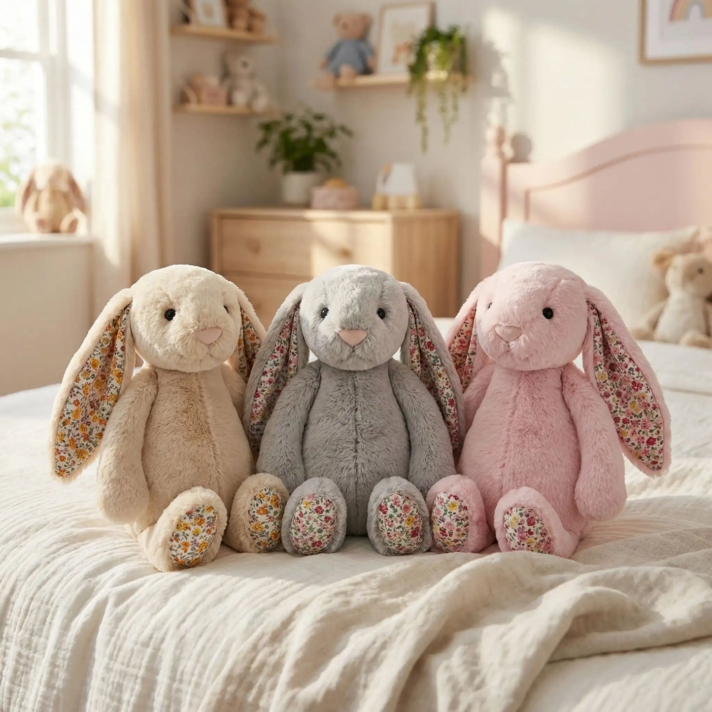 Doudou lapin beige gris et rose pour bébé, peluche réconfortante