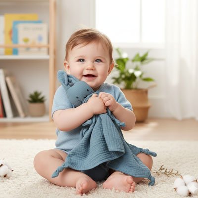 Doudou lapin bleu confortable et tendre pour bébé