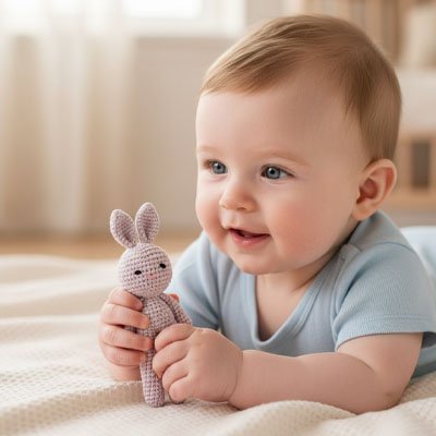 Doudou lapin gris en crochet au design raffine pour nouveau né