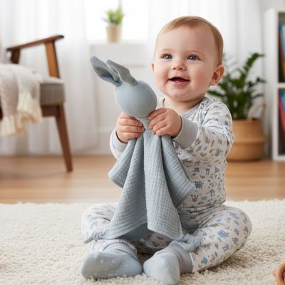 Doudou lapin gris confortable compagnon rassurant bébé