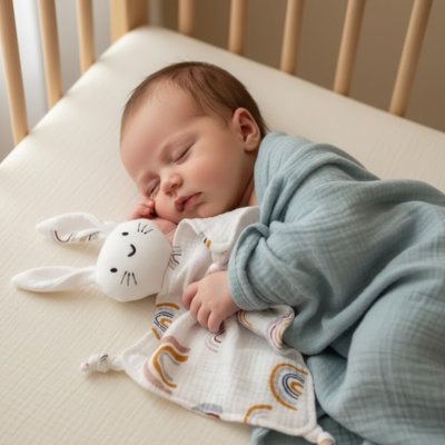 Doudou lapin pratique pour bébé, idéal pour câlins à la maison ou en sortie