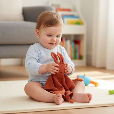 Doudou lapin rouge très doux idéal pour les calins