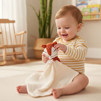 Doudou renard en crochet avec lange en tissu doux ideal pour reconforter bébé