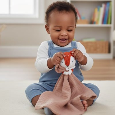 Doudou renard en crochet avec lange en tissu doux parfait  pour reconforter bébé