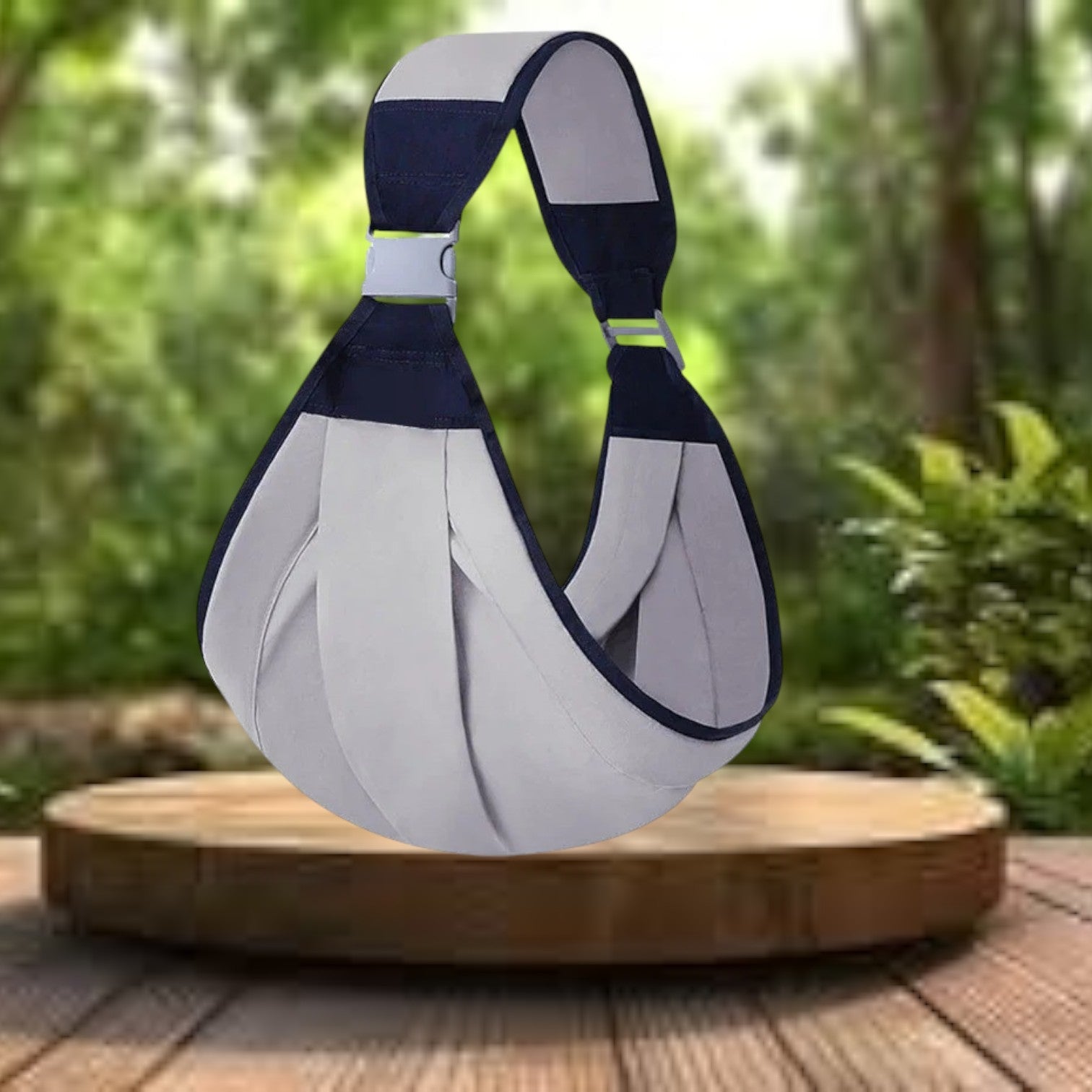 Echarpe de portage bébé de couleur grise, exposée sur une table en bois dans le jardin, confort et praticité