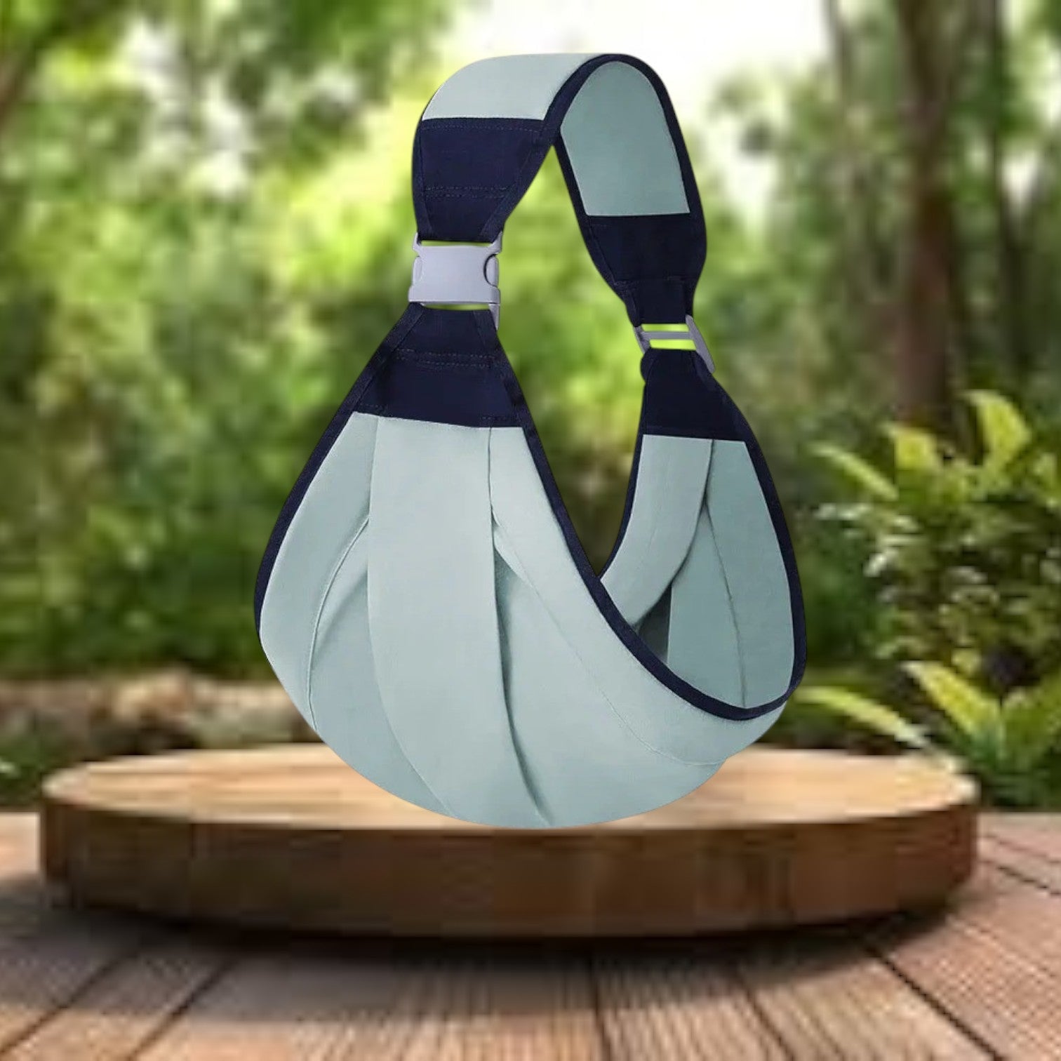 Echarpe de portage bébé de couleur verte, exposée sur une table en bois dans le jardin, confort et praticité