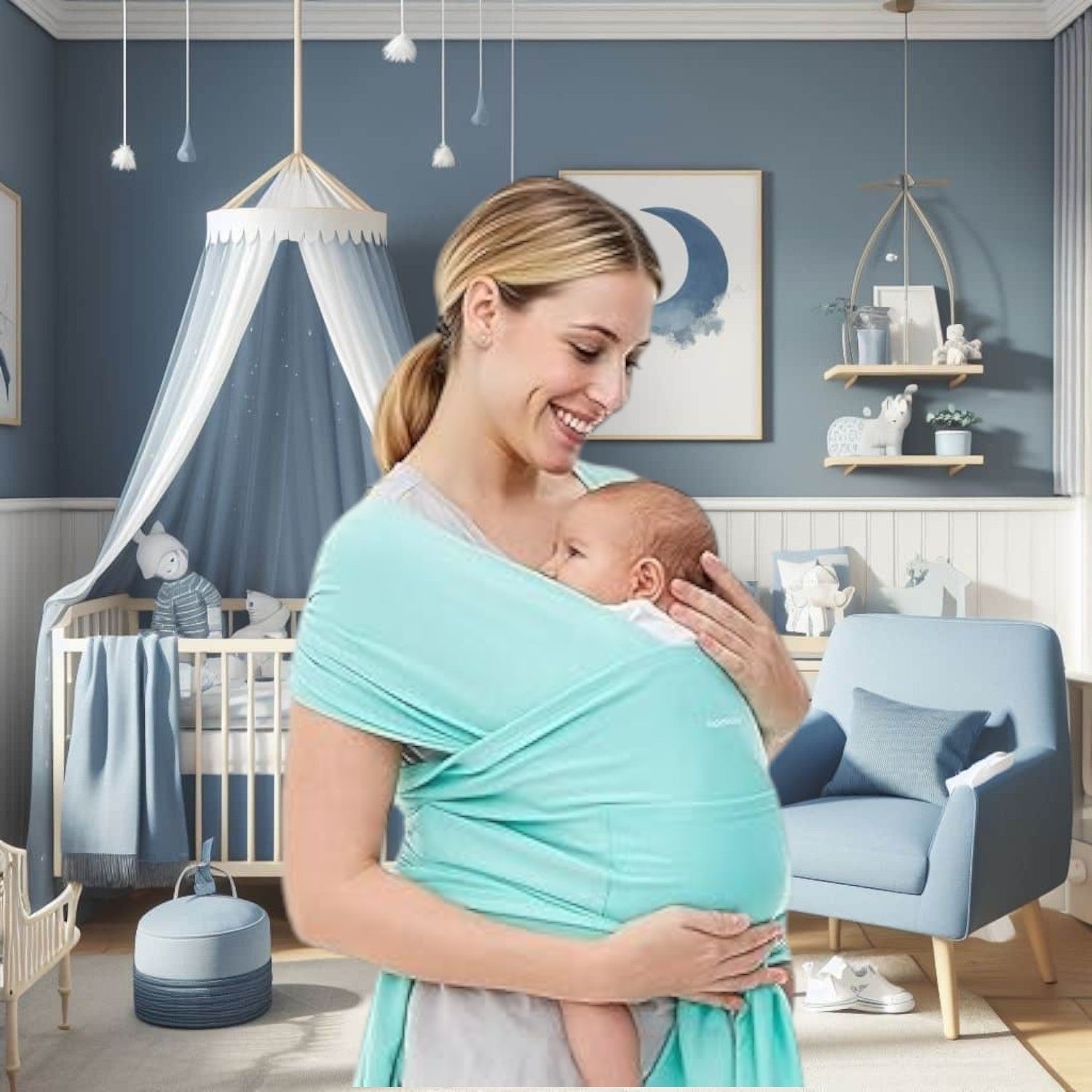 Echarpe sling bleue élégante avec bébé facilement enfilé pour un portage sécurisé