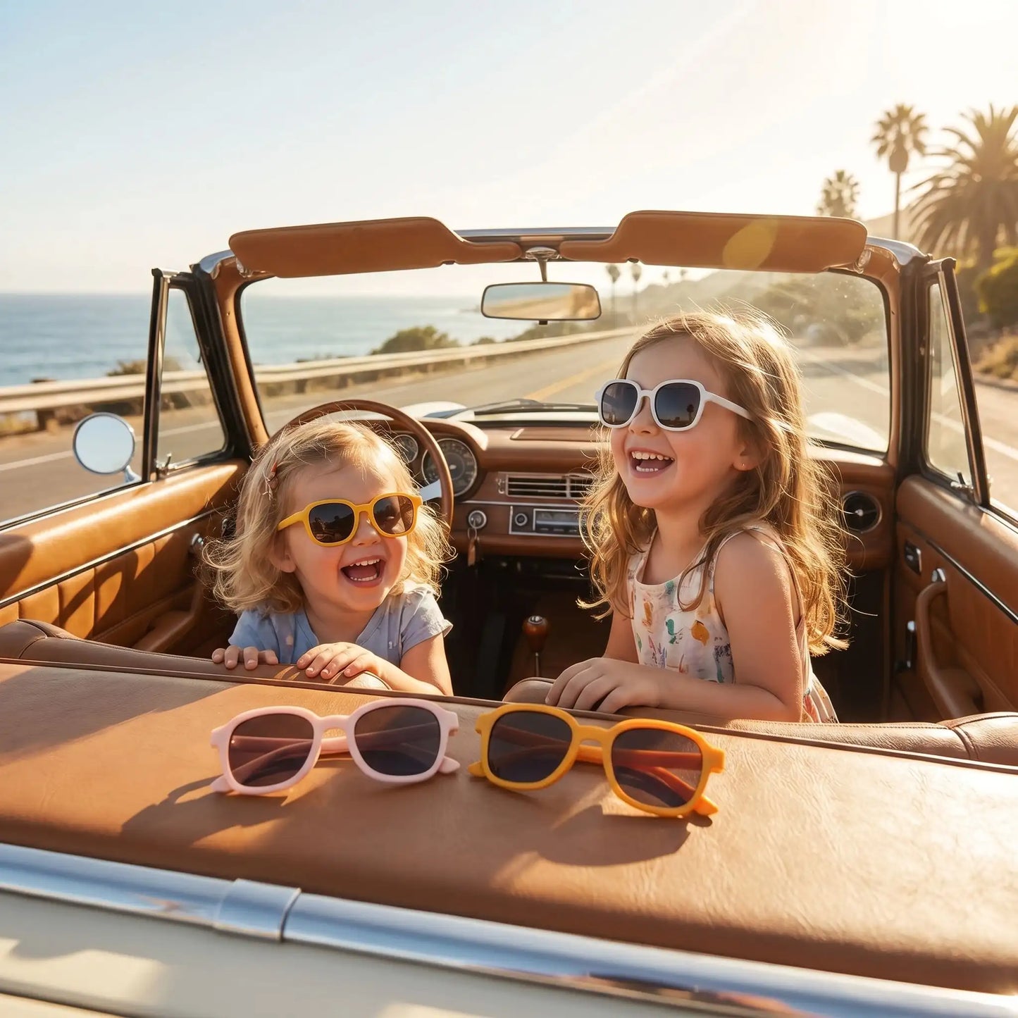 Enfants portant une lunette de soleil enfant tendance lors d’une sortie en extérieur avec voiture