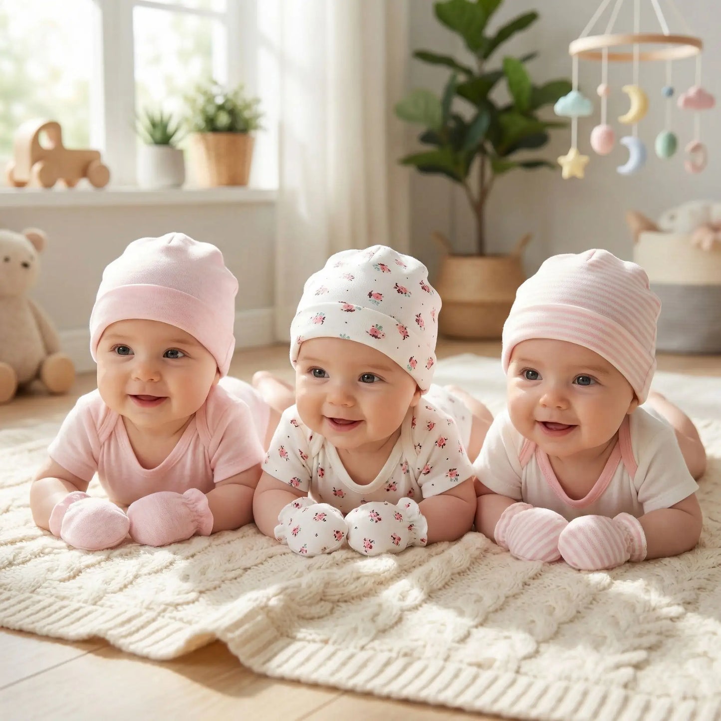 Ensemble de 3 bonnets bébé fille avec gants assortis, doux et confortables