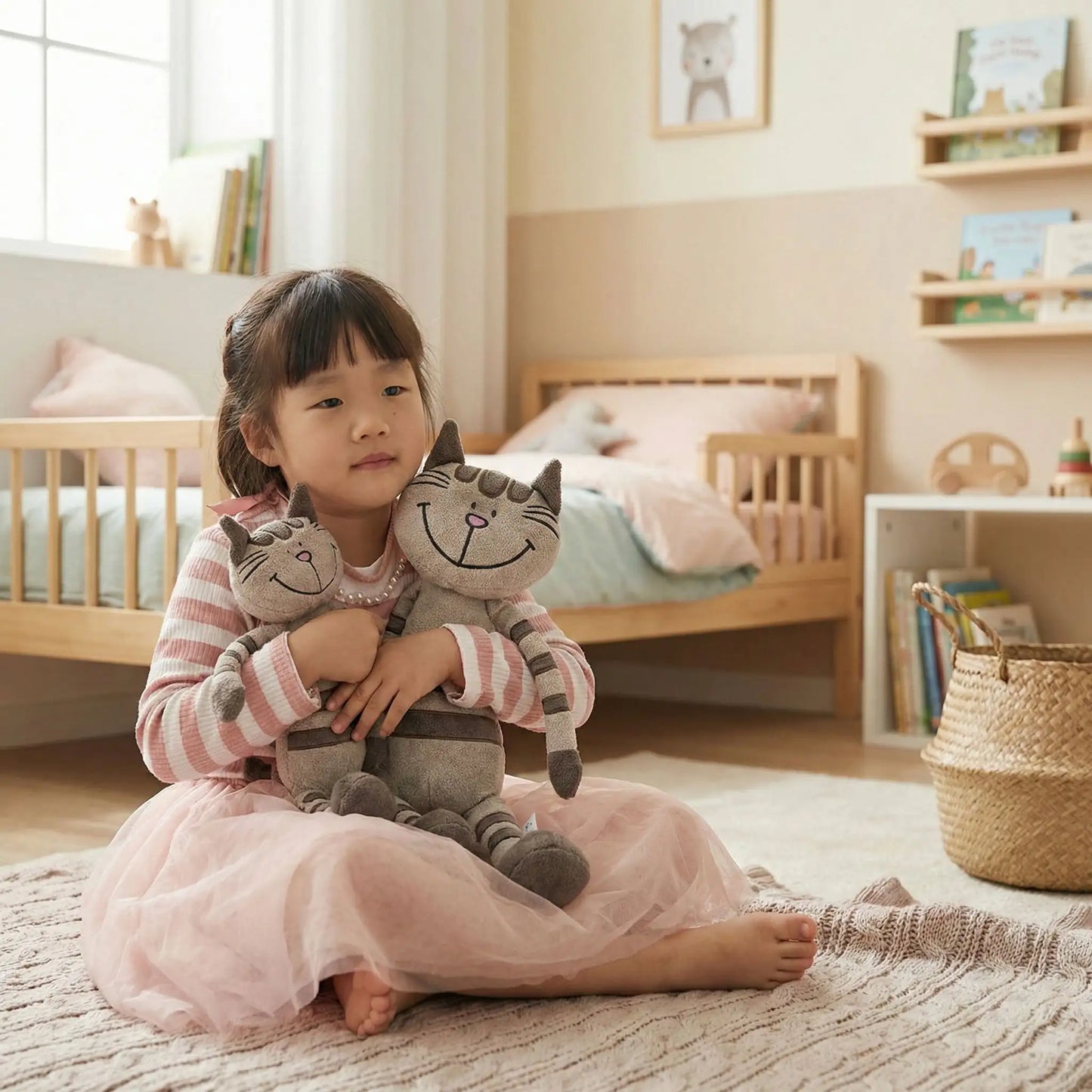 Fille calinant son doudou chat avec chaton, moment tendre et doux pour bébé