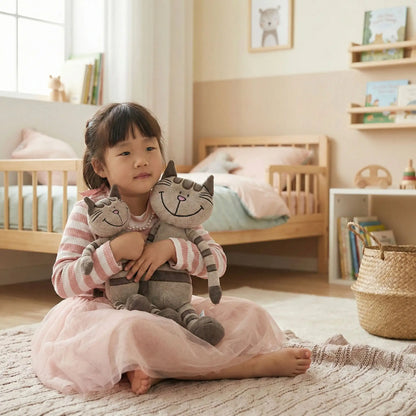 Fille calinant son doudou chat avec chaton, moment tendre et doux pour bébé