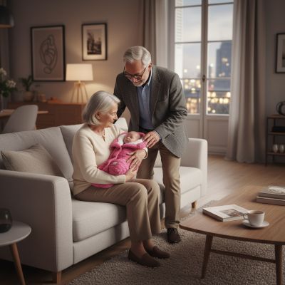 Moment de tendresse entre grands-parents et bébé enveloppé dans le nid d'ange cozy rose avec bouton, doux et confortable