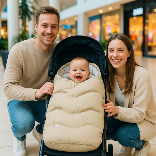 Bonheur famille en sortie avec chancelière bébé chaud luxe