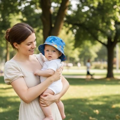 Bébé au parc lors d'une journée ensoleillée portant un chapeau bebe motif dinosaure