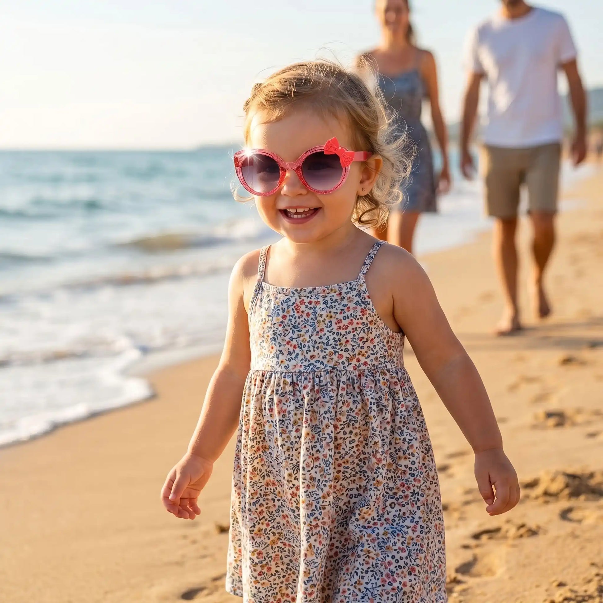 Bébé portant des lunettes de soleil rouges avec nœud décoratif élégant pendant une balade à la plage