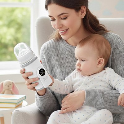 Maman allumant facilement un chauffe biberon rechargeable portable pour préparer le lait de bébé