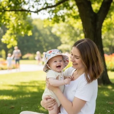 maman et bebe au parc portant un chapeau bebe motif fleurs