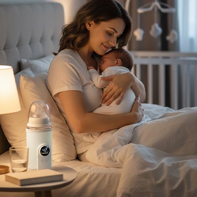 Maman utilisant un chauffe biberon rechargeable portable pour nourrir bébé en toute sérénité en nuit et journée