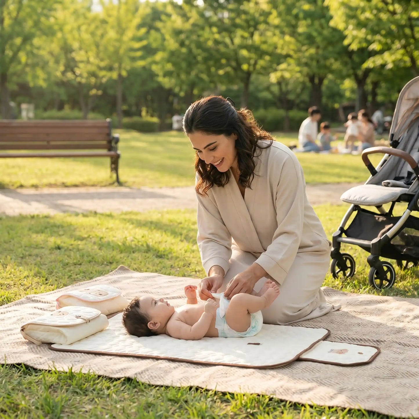 Maman change bébé au parc sur tapis à langer nomade pliable et portable