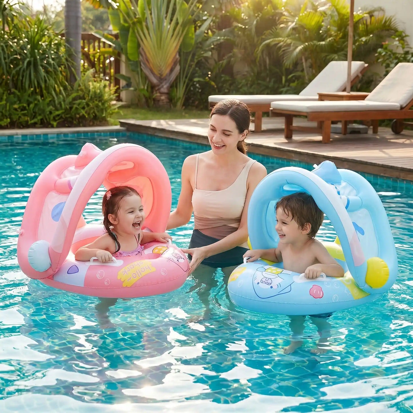 Maman avec ces enfants nageant grace à bouee pour bebe en toute securité dans la piscine