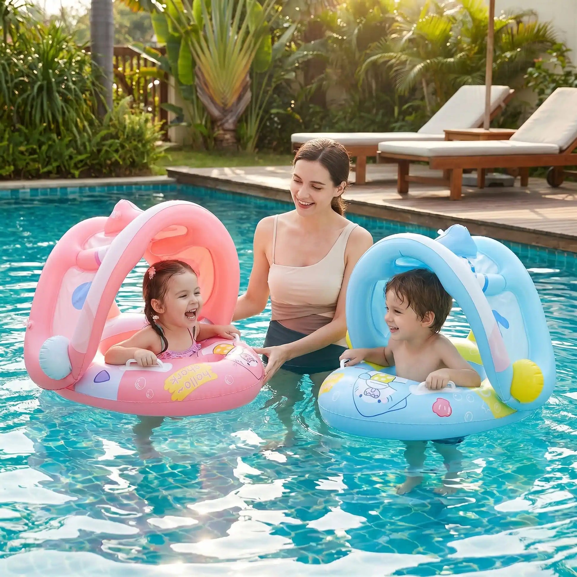 Maman avec ces enfants nageant grace à bouee pour bebe en toute securité dans la piscine