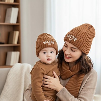 Maman et bébé portant un bonnet bebe garcon assorti