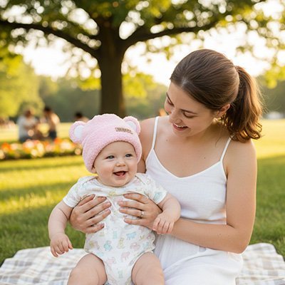 Maman et sa fille portant un bonnet bébé fille rose au charme élégant