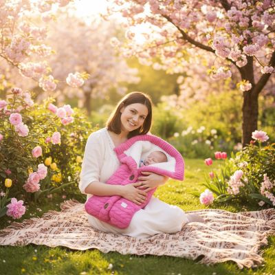 Maman avec bébé enveloppé dans le nid d'ange cozy rose, élégant et confortable, en parc