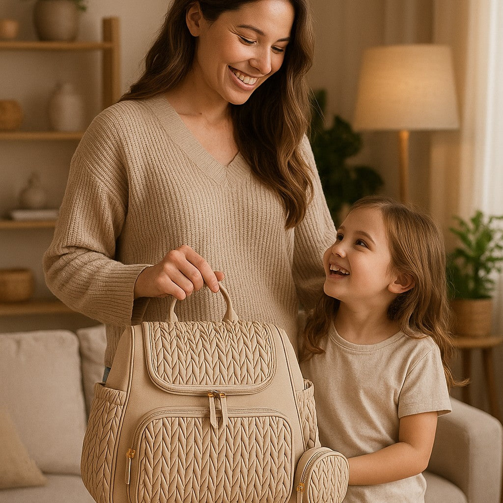 Maman avec sa petite fille et un sac a dos a langer porté à la main