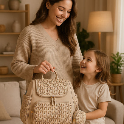 Maman avec sa petite fille et un sac a dos a langer porté à la main