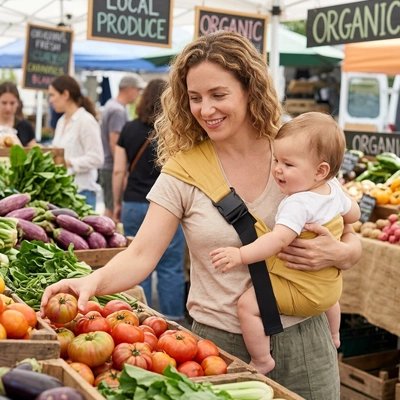 Maman faisant ses courses avec un porte bébé ergonomique jaune gardant son bébé près d'elle