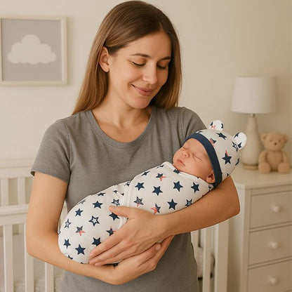  Maman tenant son bébé emmailloté dans une couverture emmaillotage douce à motifs étoiles, idéale pour un sommeil paisible et sécurisé