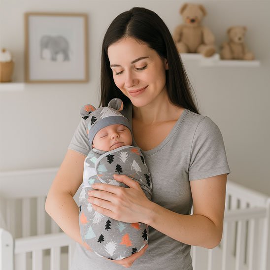 Maman tenant tendrement son bébé emmailloté dans une couverture emmaillotage grise à motifs d’arbres, offrant chaleur, confort et sécurité