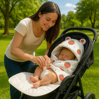 Maman amusante installant facilement et rapidement le nid d'ange bébé dans la poussette