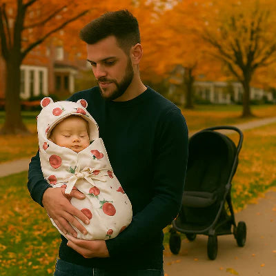 Papa en promenade avec son bébé confortablement installé dans un nid d'ange bébé pour la sortie