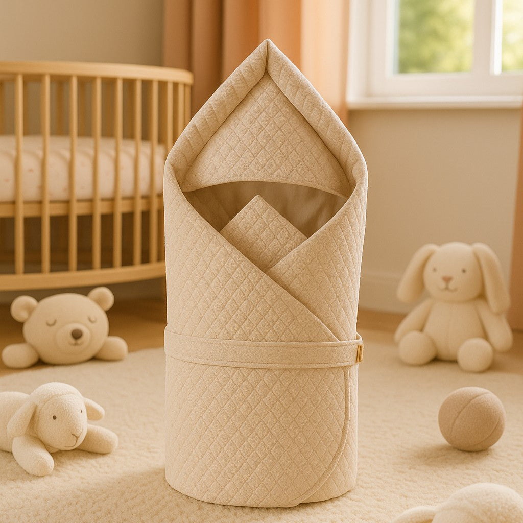 Nid d'ange beige enveloppant et rassurant, offrant sécurité et confort pour bébé à la maison ou en sortie