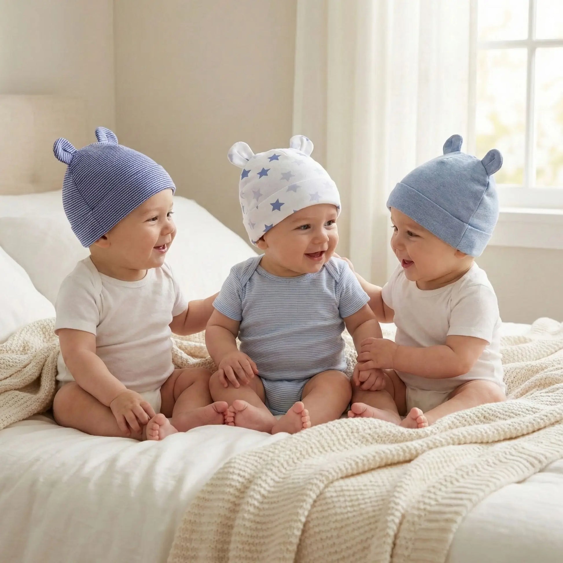 Pack de 3 bonnet bébé naissance garçon bleu en coton doux et confortable