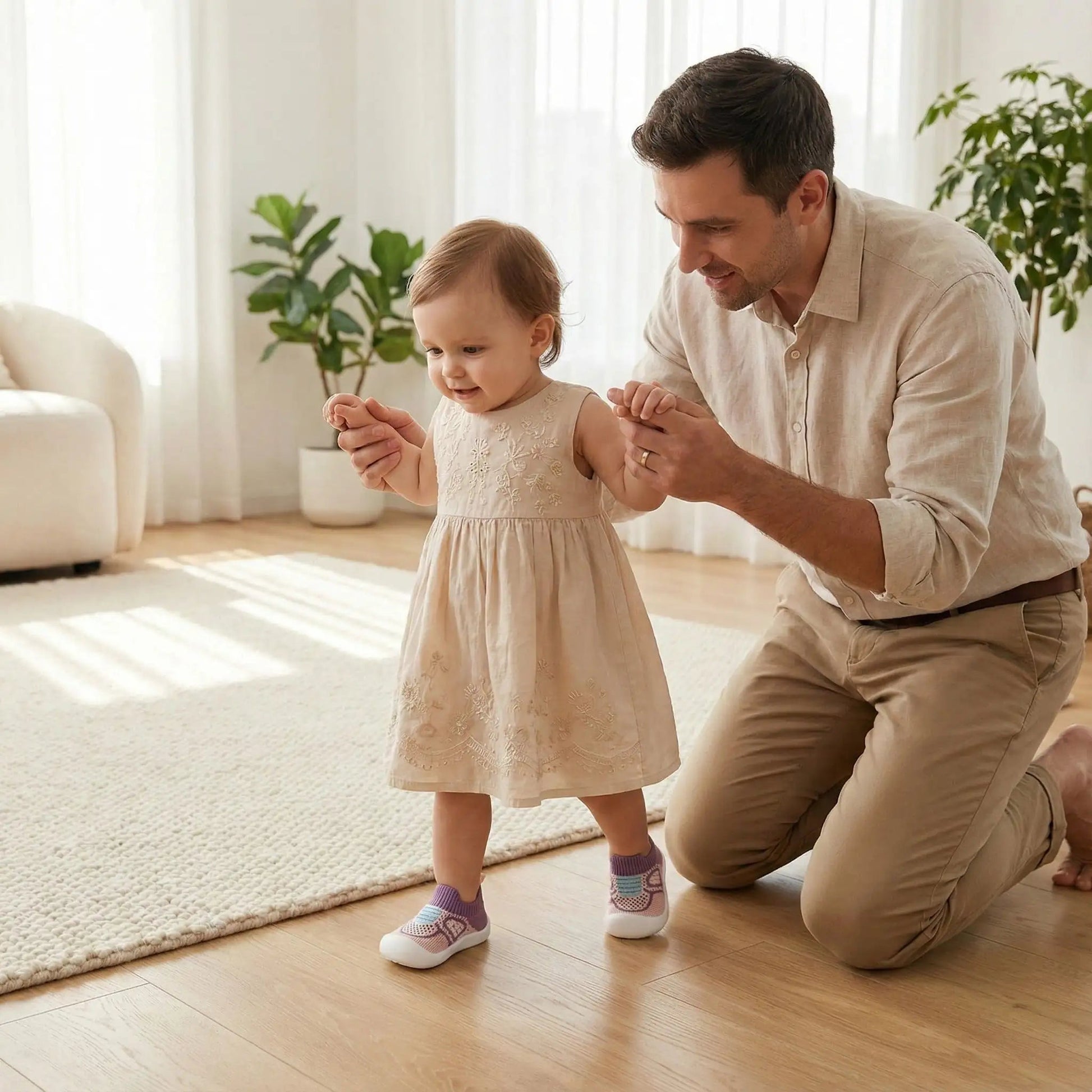 Papa aidant sa princesse à faire ses premiers pas avec des chaussures bébé fille