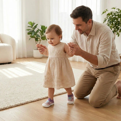 Papa aidant sa princesse à faire ses premiers pas avec des chaussures bébé fille